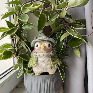 May include: A crocheted owl wearing a green and pink hat and a green scarf, sitting in a gray pot with a green plant.
