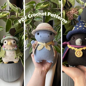 May include: Three crocheted amigurumi toys: a blue dinosaur, a brown owl, and a black and purple wizard. The toys are all holding a small object in their hands. The image includes the text "PDF Crochet Patterns".