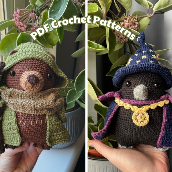 Wizard Crow, Druid Bear | 2in1 PDF Crochet Amigurumi Pattern Bundle | Fantasy Plushie with Removable Accessories | Cloak, Cape