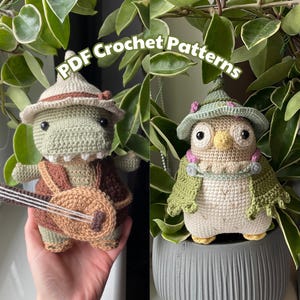 May include: Two crocheted amigurumi toys, a green dinosaur with a brown guitar and a white owl with a green shawl. The toys are sitting on a table with green plants in the background. The text "PDF Crochet Patterns" is visible in the image.