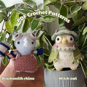 May include: Two crocheted amigurumi figures: a blacksmith rhino and a witch owl. The rhino is gray, brown, and blue, holding a hammer. The owl is beige, green, and yellow, wearing a hat and shawl. Text reads "PDF Crochet Patterns".