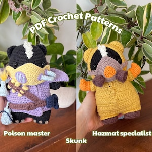 May include: Two crochet skunk dolls. One is a "Poison master" in purple and black, holding a potion. The other is a "Hazmat specialist" in yellow, with a gas mask. The text "PDF Crochet Patterns" is at the top.