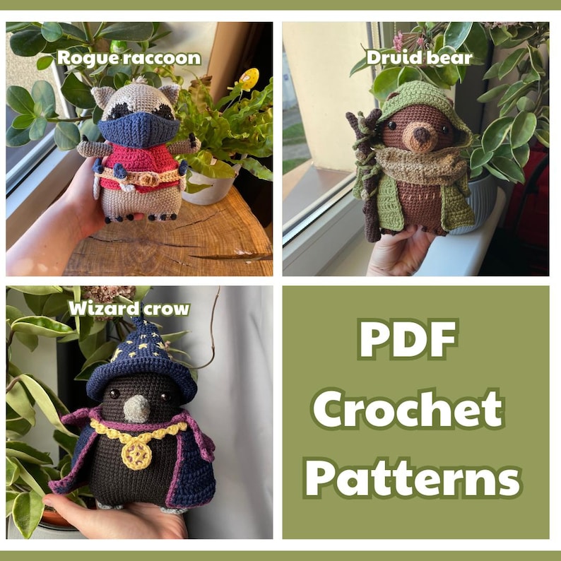 May include: Image featuring three crocheted animal figures: a raccoon, a bear, and a crow, each dressed in fantasy-themed attire. The raccoon is wearing a mask and superhero-like outfit. The bear is dressed as a druid. The crow is wearing a wizard hat and cape. Text: PDF Crochet Patterns.