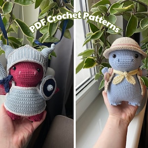 May include: Two crocheted amigurumi toys. One is a red dragon wearing blue armor with a sword and shield. The other is a blue dragon wearing a brown hat and a yellow scarf.  PDF Crochet Patterns.