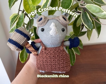 Blacksmith Rhino | PDF Crochet Amigurumi Pattern | Fantasy Inspired Plushie with Removable Costume and Accessories | Goggles, Apron, Hammer