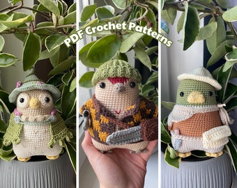 Búho brujo, leñador pájaro carpintero, pato de aventura / Paquete de patrones Amigurumi de ganchillo PDF 3 en 1 / Peluche de pájaro lindo con accesorios extraíbles