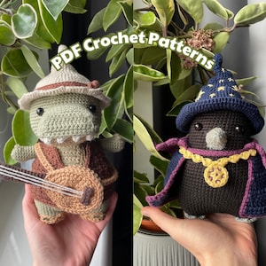 May include: Two crocheted amigurumi toys, a green dinosaur with a brown hat and a brown lute, and a black bird wearing a purple and blue wizard hat and a yellow necklace.  PDF Crochet Patterns.