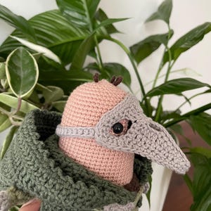 May include: A crocheted plush toy wearing a gray crocheted mask with a long beak. The toy is wearing a green crocheted hooded jacket.