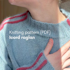 May include: A light blue knitted sweater featuring a ribbed neckline and bright pink I-cord detailing along the raglan sleeves. The text Knitting pattern (PDF) Icord raglan is overlaid on the front of the garment.