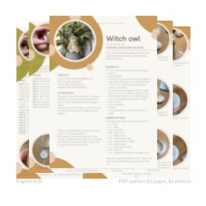 May include: A PDF pattern for crocheting a witch owl amigurumi. The pattern includes 11 pages and 61 photos. The cover features a brown and green circle with the text "Witch owl" in white.