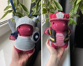 Dragon Firefighter and Knight | 2in1 PDF Crochet Amigurumi Pattern | Cute Fantasy Plushie with Removable Accessories | Stuffed Animal