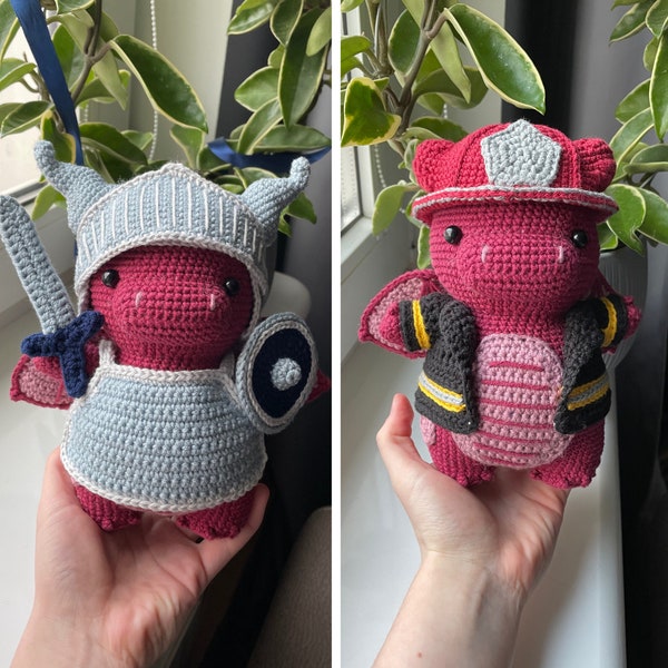 Drago pompiere e cavaliere / PDF 2in1 Modello Amigurumi all'uncinetto / Simpatico peluche fantasy con accessori rimovibili / Animale di pezza