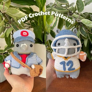 May include: Two crocheted animal figures: a bird dressed as a mail carrier and a rhino in a football uniform. The bird has a blue hat and jacket, a red shirt, and a brown satchel. The rhino wears a blue and white jersey with the number 12.
