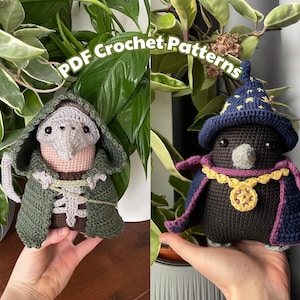 Könnte beinhalten: Zwei gehäkelte Amigurumi-Spielzeuge. Eines ist eine grüne, mit einer Kapuze versehene Figur mit einem rosa Schnabel und das andere ist ein schwarzer Vogel, der eine lila und blaue Robe mit einem gelben Stern auf seinem Hut trägt.  PDF-Häkelanleitungen.