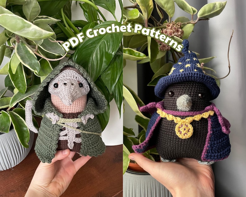 May include: Two crocheted amigurumi toys. One is a green hooded figure with a pink beak and the other is a black bird wearing a purple and blue robe with a yellow star on its hat.  PDF Crochet Patterns.