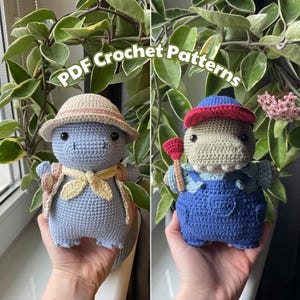 May include: Two crocheted dinosaur toys. One is blue with a yellow scarf and a brown hat. The other is green with a red hat and blue overalls.  PDF Crochet Patterns.