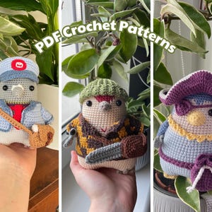 Paloma cartero, pájaro carpintero, leñador, pingüino pirata / Paquete de patrones de crochet amigurumi en PDF / Pájaro de peluche con disfraz extraíble