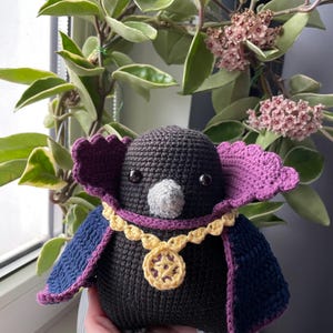 May include: A black crocheted bird wearing a purple cape and a gold chain with a yellow pendant. The bird has black eyes and a gray beak.