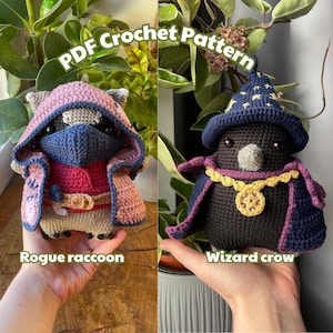 Rogue wasbeer, tovenaarskraai | PDF gehaakte amigurumi 2-in-1 patroonbundel | Fantasiepersonage | Knuffel met afneembaar kostuum en accessoires