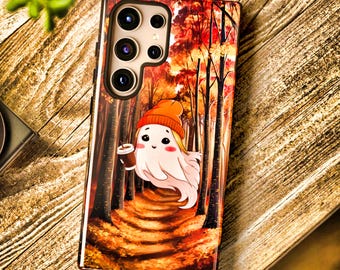 cute ghost samsung galaxy S case, Coffee lover ghost, Spooky fall kawaii case, cute halloween, samsung S24, S23, S22, S21 Plus, Ultra case