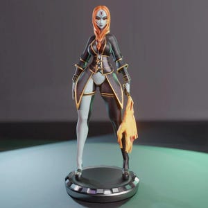 May include: A detailed figurine of a female character with pale skin, red hair, and a black and gold outfit. The figure is holding a flame-like object and stands on a circular base. The character's legs are split, one white and one black.