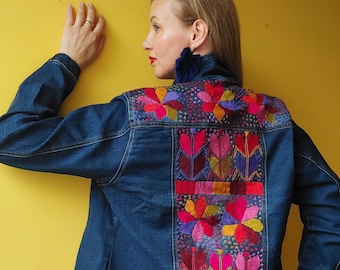 Embroidered floral denim jacket, Milpa style, handmade Mexican, handcrafted, streetwear jacket, boho hippie clothing, unique denim jacket