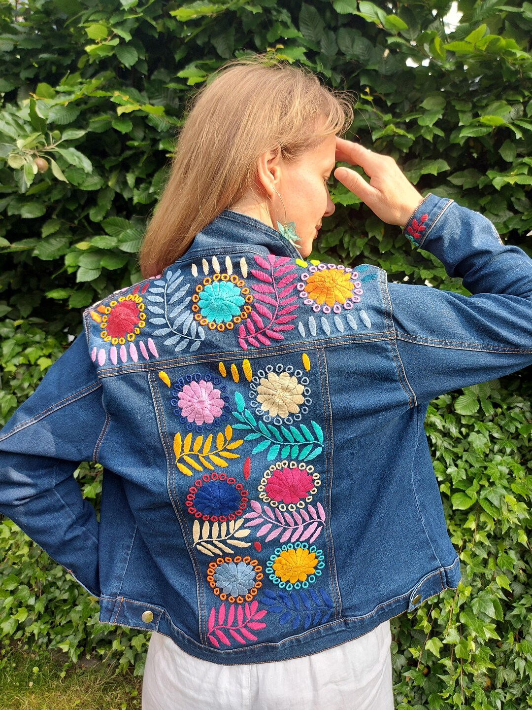 Denim Jacket With Embroidered Flowers, Handmade Mexican Style