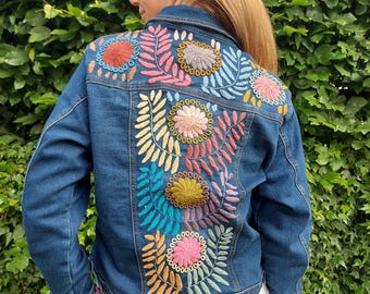 Denim jacket embroidered with flowers, handmade Mexican style, handcrafted, streetwear jacket, embroidered boho hippie clothing, unusual denim jacket