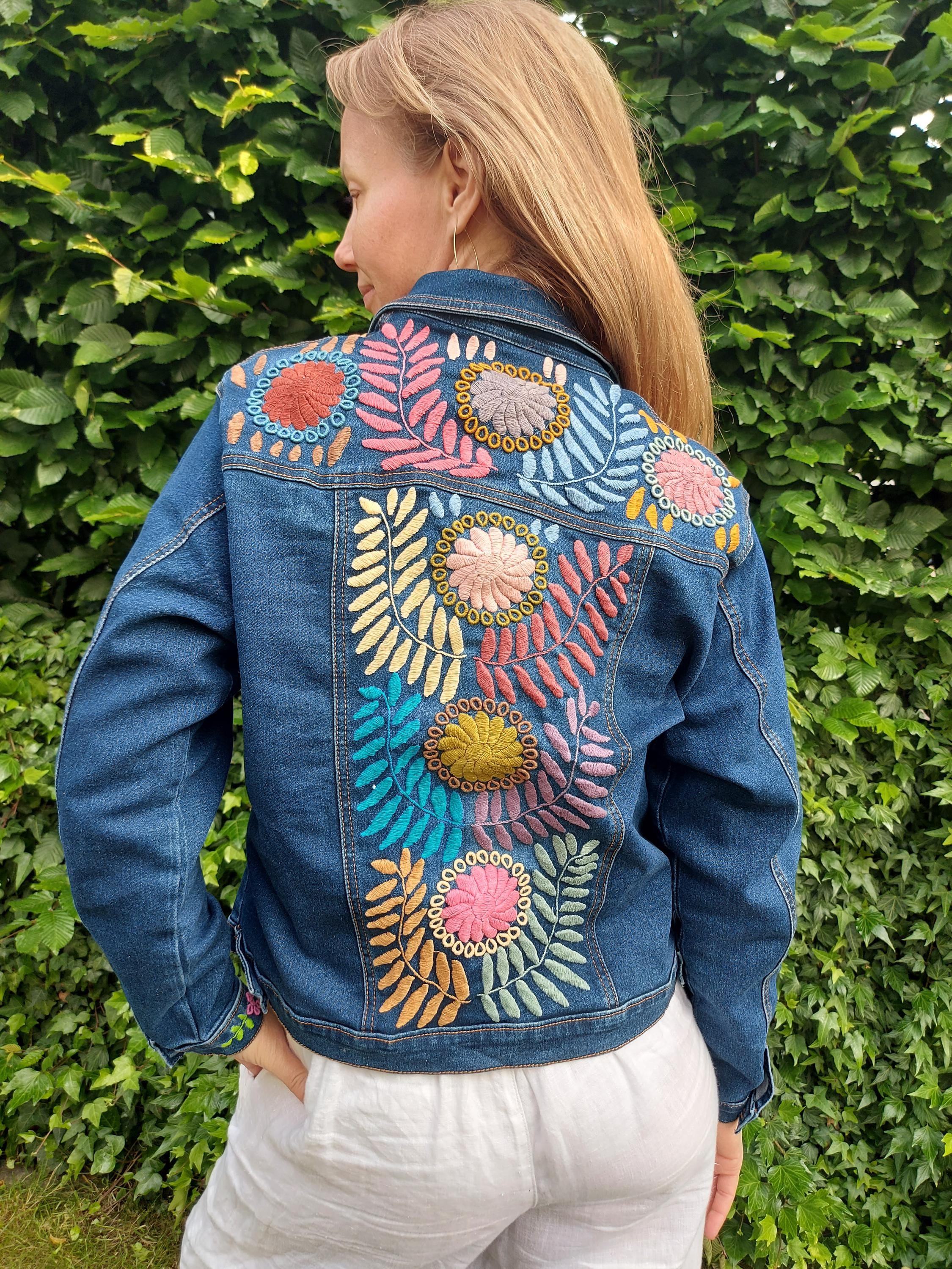 Denim Jacket Embroidered With Flowers, Handmade Mexican Style