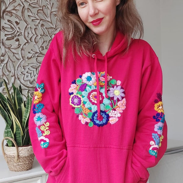 Hoodie, Blumen-Sweatshirt, Mandala, Stickerei, rot, mexikanisch, Kunsthandwerk, floral, Pullover, Yoga, vintage