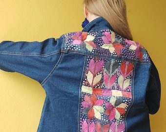 Denim jacket embroidered with flowers, handmade Mexican style, handcrafted, streetwear jacket, embroidered boho hippie clothing, unusual denim jacket