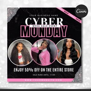 Flyer de vente Cyber Monday, Flyer de vente de perruques, Soldes Cyber Monday, Soldes Boutique, Modèle de toile, Beauté, Cils, Maquillage, Ongles