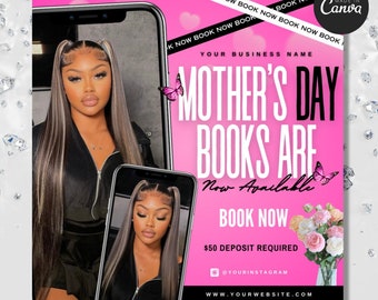 Mother's Day Booking Flyer, May Booking Flyer, Mother's Day Specials Flyer Template, Book Now Appointments, Beauty, Lashes, Make up, Nails,