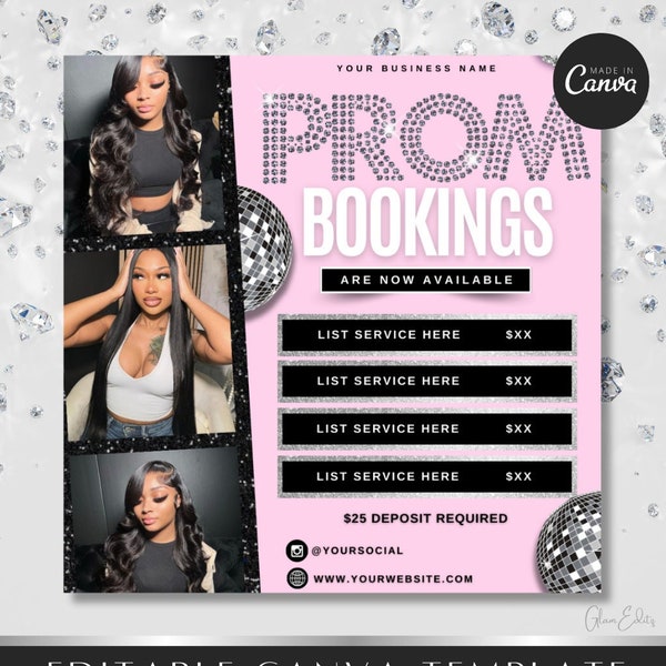 Prom Booking Flyer, Prom Special Flyer, Homecoming Flyer, Canva Template, Book Now Appointments, Beauty, Lashes, Make up, Nails,