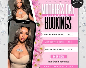 Mother's Day Booking Flyer, May Booking Flyer, Mother's Day Specials Flyer Template, Book Now Appointments, Beauty, Lashes, Make up, Nails,