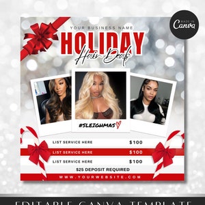 Holiday Hair Deals Flyer, Christmas sale, December Appointments, Canva Template, Install Specials, Beauty, Lashes, Make up, Nails,