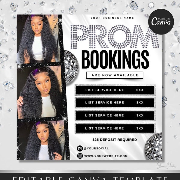 Prom Booking Flyer, Prom Special Flyer, Homecoming Flyer, Canva Template, Book Now Appointments, Beauty, Lashes, Make up, Nails,