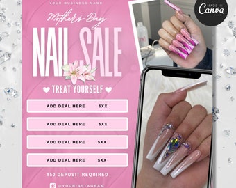 Mother's Day Nail Flyer, May Booking Flyer, Mother's Day Sale Flyer Template, Book Now Appointments, Beauty, Lashes, Make up, Nails,