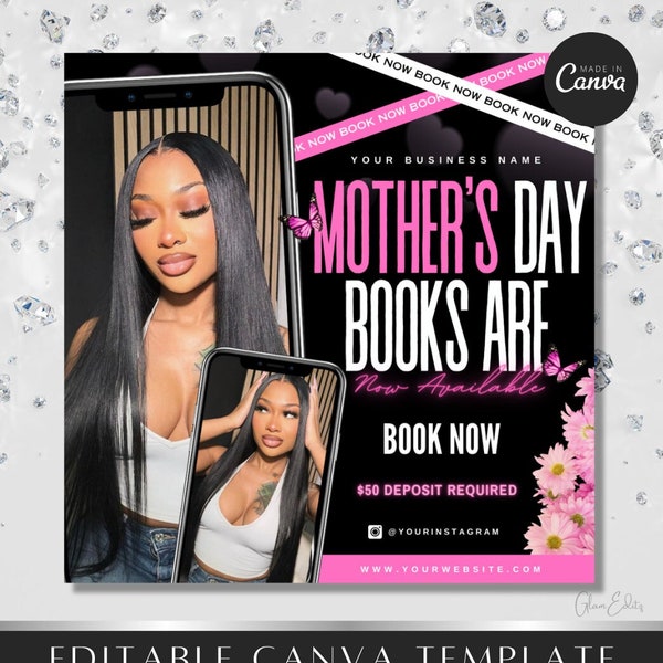 Mother's Day Booking Flyer, May Booking Flyer, Mother's Day Specials Flyer Template, Book Now Appointments, Beauty, Lashes, Make up, Nails,