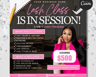 Lash Class Flyer, 1 on 1 Lash Class Flyer, Lash Tech Course, Canva Template, Lash Extensions Class, DIY Canva Template, Lash Flyer