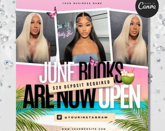 June Booking Flyer, Summer Booking Flyer, June Flyer, Canva Template, Book Now Appointments, Beauty, Lashes, Make up, Nails,