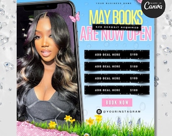 May Booking Flyer, Spring Booking Flyer, May Flyer, Canva Template, Book Now Appointments, Beauty, Lashes, Make up, Nails,