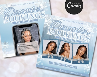 2 December Booking Flyers, Christmas Booking Flyers, Book Now Appointments, Canva Template, Beauty, Lashes, Make up, Nails, Hair