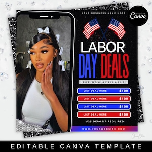 May include: A digital advertisement for Labor Day Deals, featuring a woman's image on a smartphone screen. The ad includes the text "Labor Day Deals" with American flags and deal details. The template is editable in Canva.