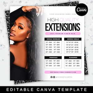 Könnte beinhalten: Werbegrafik für Haarverlängerungen mit einer Frau mit langen, dunklen Haaren. Der Text lautet "High Quality Extensions" und listet die Preise für Einzelbündel, Bündelangebote, Frontals und Closures auf. Die Grafik enthält Social-Media-Handles und eine Website.