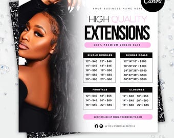 Hair Extension Price List Flyer: DIY Canva Template (1080x1080px Digital Download