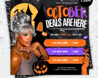 October Booking Flyer, Halloween Booking Flyer, Book Now Appointments, Canva Template, Beauty, Lashes, Make up, Nails, Hair
