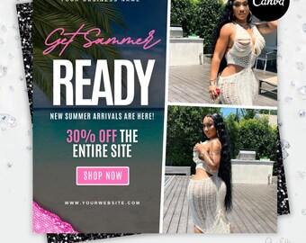 May include: A social media graphic with a beach scene and a woman wearing a white crochet dress. The text reads "Get Summer Ready" and "New Summer Arrivals Are Here! 30% Off The Entire Site Shop Now www.yourwebsite.com".
