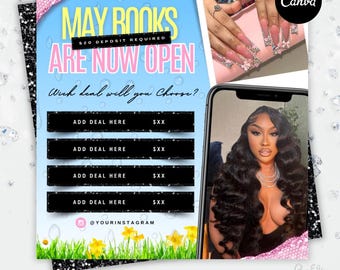Mai-Buchungsflyer, Frühlings-Buchungsflyer, Mai-Flyer, Canva-Vorlage, Jetzt Buchen Termine, Schönheit, Wimpern, Make up, Nägel,