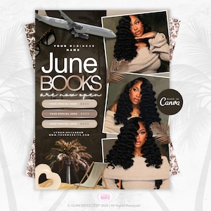 May include: A promotional graphic with the text "June BOOKS are now open." The design features images of a woman with long, dark hair, a palm tree, a plane, and sunglasses. The graphic is in shades of brown and beige.